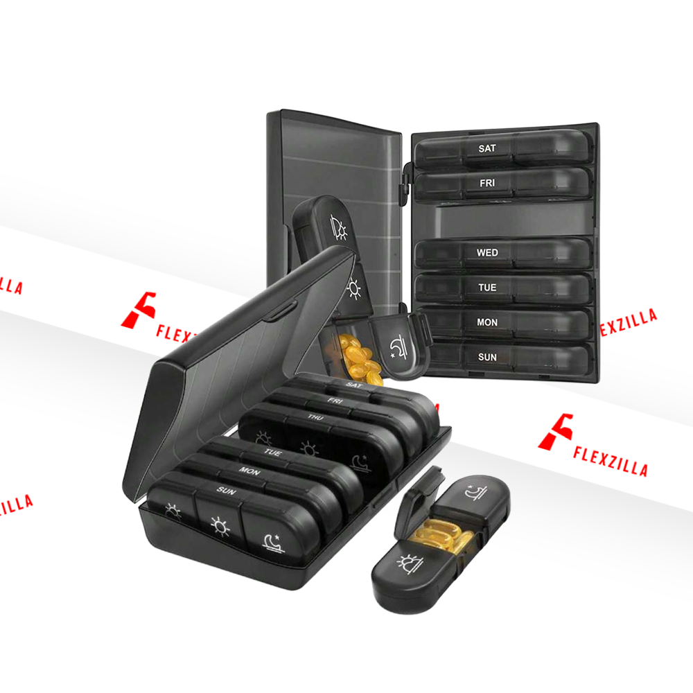 1 SET OF 7-DAY PORTABLE PILL STORAGE BOX (7 DISPENSING BOXES FOR ORGANIZING MORNING/AFTERNOON/EVENING +1 STORAGE BOX)