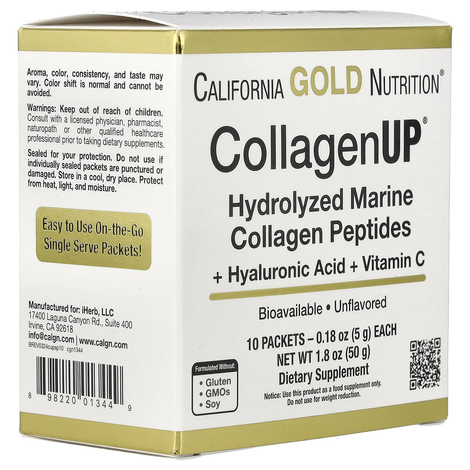 CALIFORNIA GOLD NUTRITION COLLAGEN UP HYDROLYZED MARINE COLLAGEN PEPTIDEs + HYALURONIC ACID + VITAMIN C 10 PACKETS